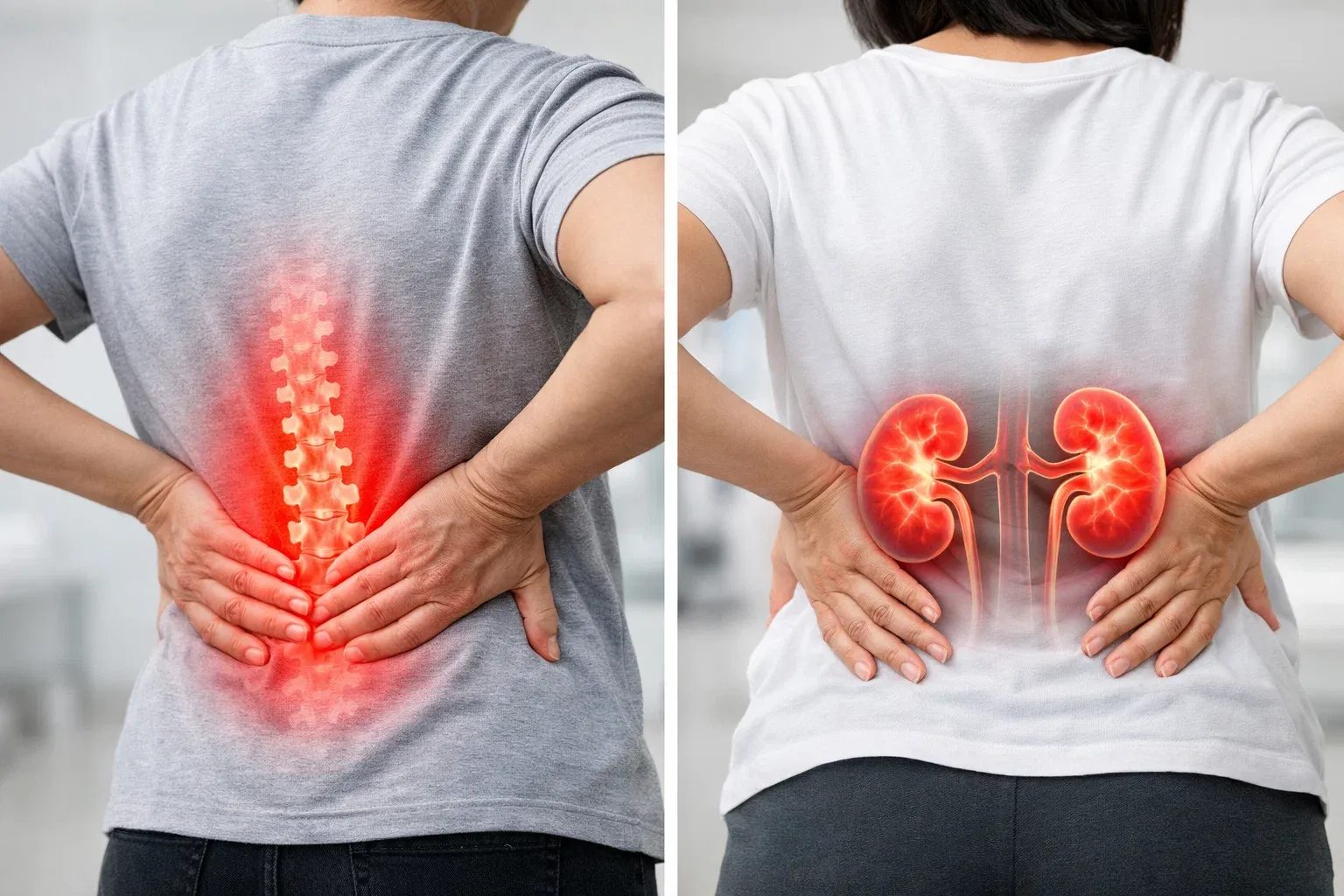 Comparison of back pain and kidney pain highlighting different pain locations