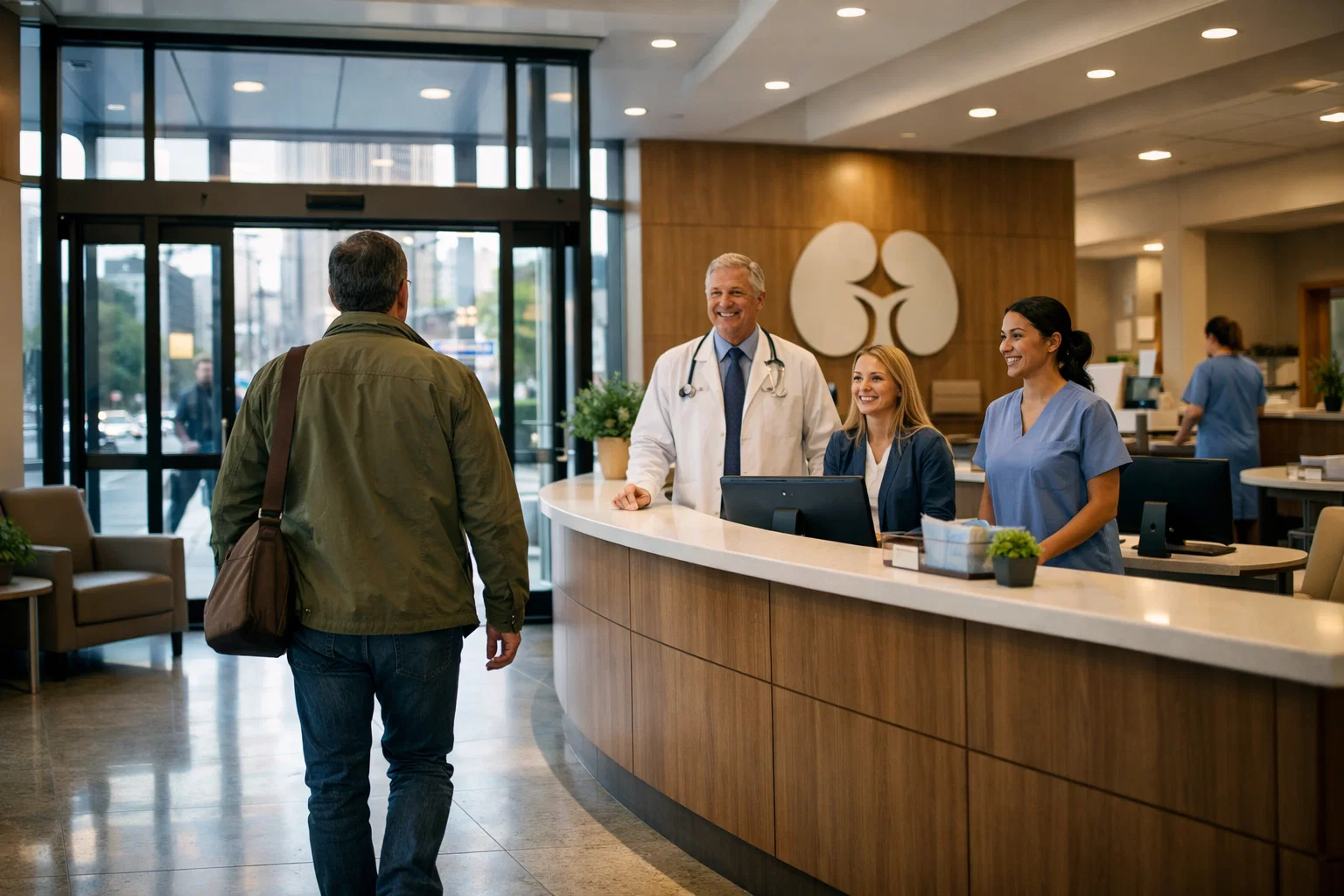 Patient arriving at a nephrology clinic for a consultation visit