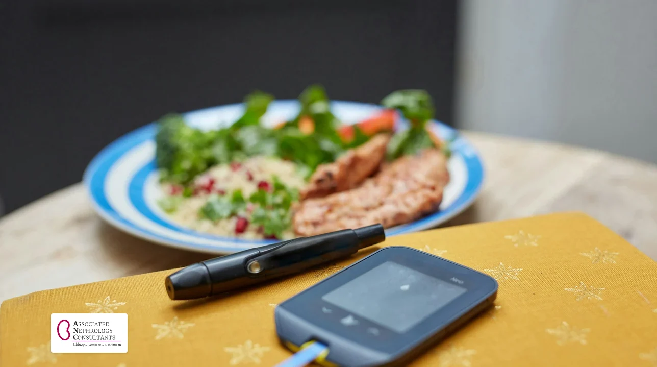 Glucose meter and lancing device beside a plate of grilled chicken, grains and salad