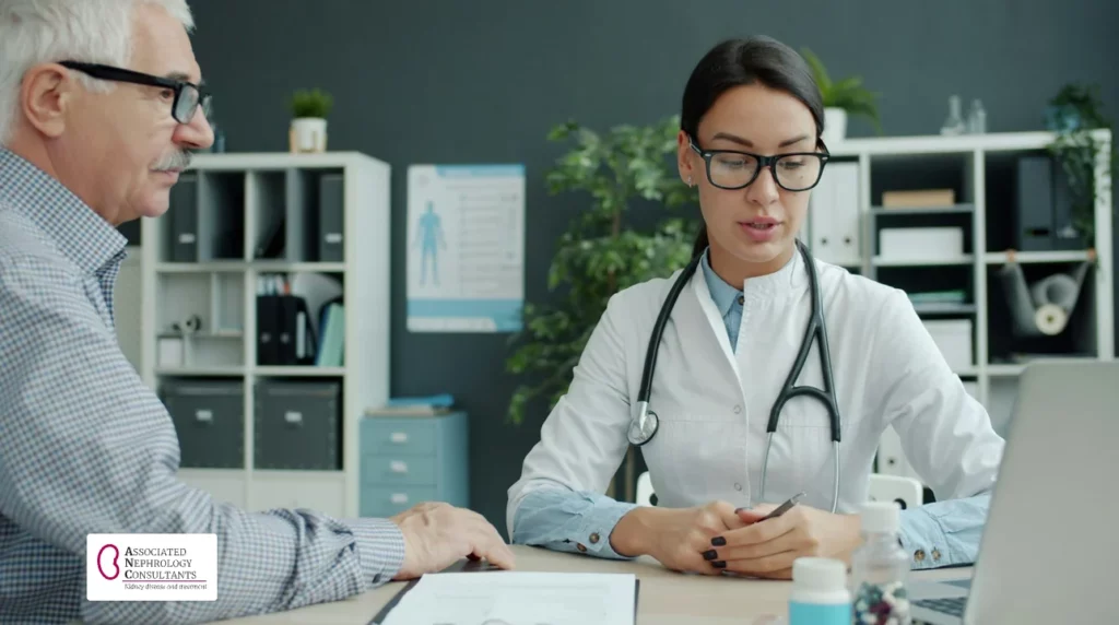 Doctor explaining scan results to an older man at a clinic desk