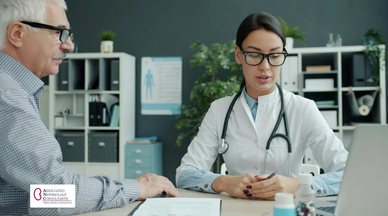 Doctor explaining scan results to an older man at a clinic desk
