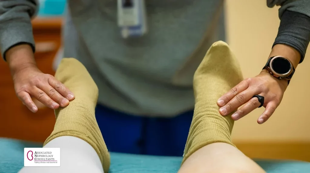 Clinician checking a patient's feet and ankles for swelling on an exam table