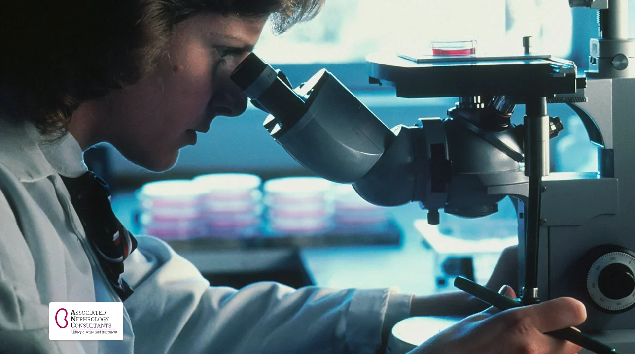 Laboratory scientist looking through a microscope, as kidney biopsy samples are examined