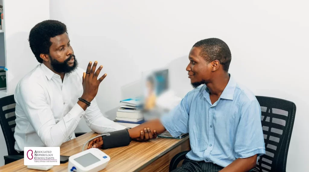 Doctor talking with a patient while checking his blood pressure at a first kidney appointment