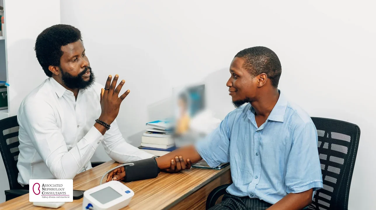 Doctor talking with a patient while checking his blood pressure at a first kidney appointment